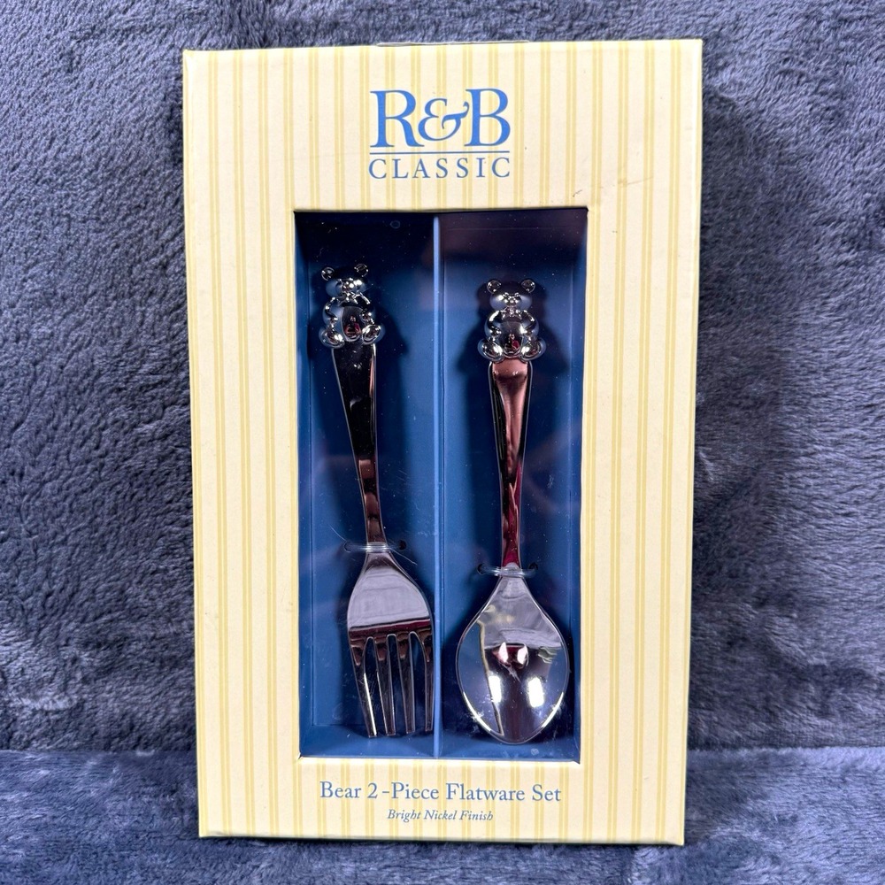 Reed & Barton Classic Bear 2pc Kids Flatware Set Fork Spoon Bright Nickel / NEW